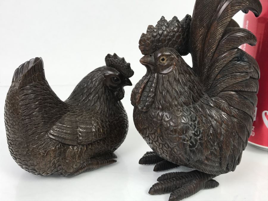 Pair Of Well Executed Wood Carving Sculptures Of A Rooster And Hen (See Photos) [Photo 22]