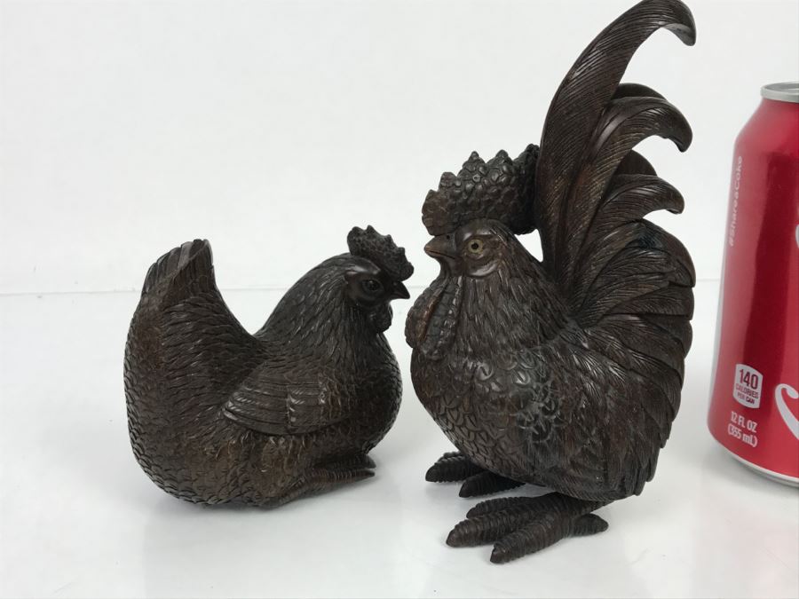 Pair Of Well Executed Wood Carving Sculptures Of A Rooster And Hen (See Photos) [Photo 24]