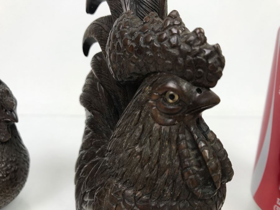 Pair Of Well Executed Wood Carving Sculptures Of A Rooster And Hen (See Photos) [Photo 10]