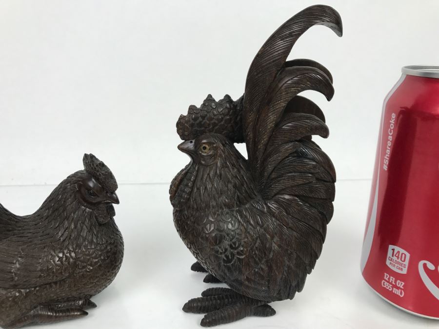Pair Of Well Executed Wood Carving Sculptures Of A Rooster And Hen (See Photos) [Photo 3]