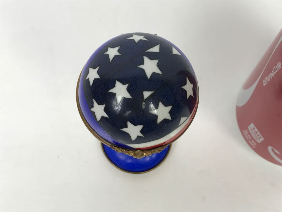 Peint Main Limoges France Porcelain Trinket Box American Flag Globe [Photo 9]