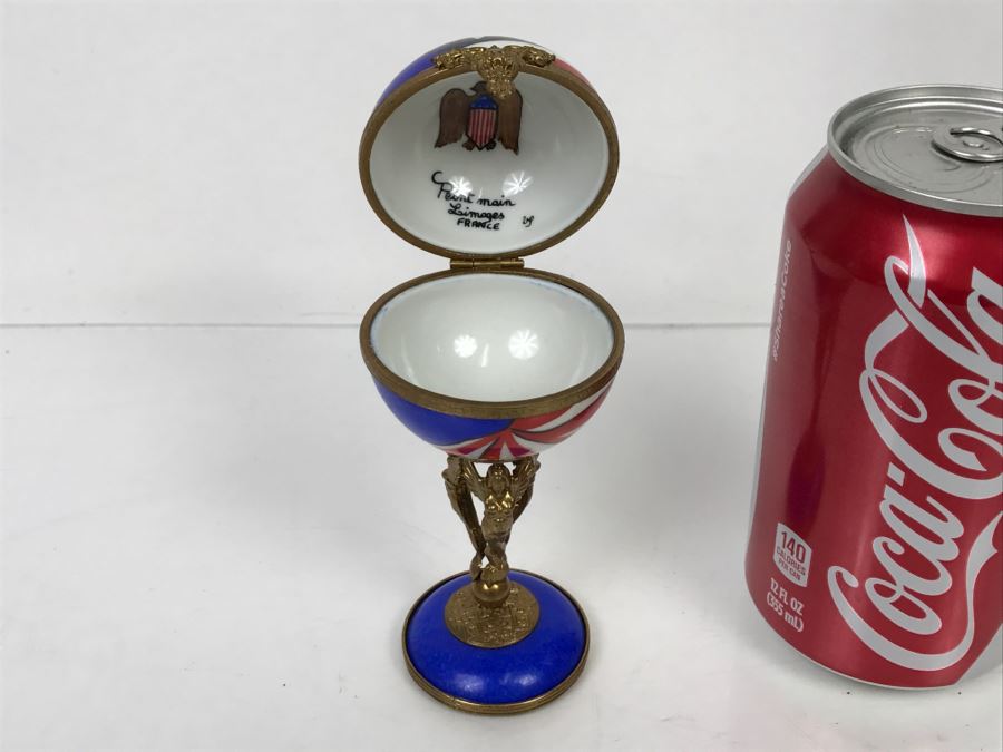 Peint Main Limoges France Porcelain Trinket Box American Flag Globe [Photo 14]