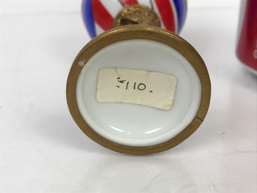 Peint Main Limoges France Porcelain Trinket Box American Flag Globe [Photo 16]