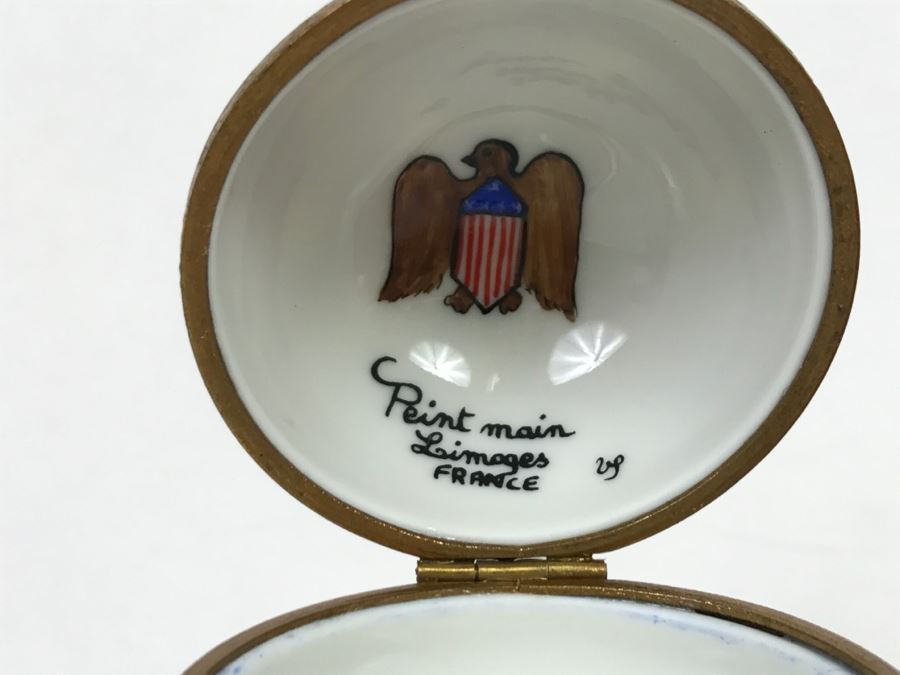Peint Main Limoges France Porcelain Trinket Box American Flag Globe [Photo 11]