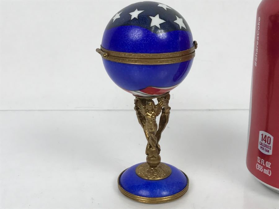 Peint Main Limoges France Porcelain Trinket Box American Flag Globe [Photo 8]