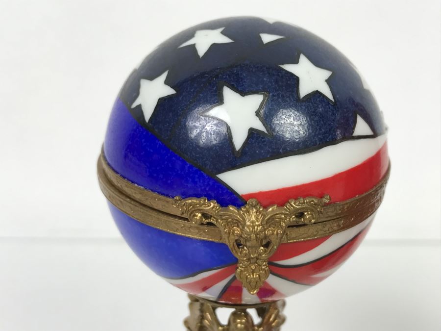 Peint Main Limoges France Porcelain Trinket Box American Flag Globe [Photo 3]
