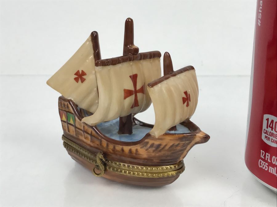 Peint Main Eximious Limoges France Trinket Box Of Ship [Photo 2]