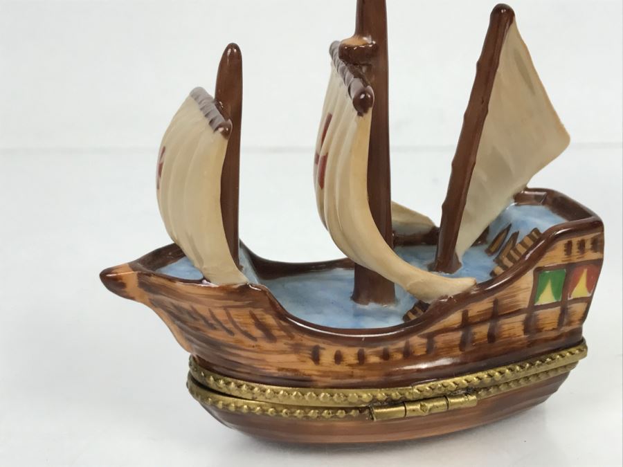 Peint Main Eximious Limoges France Trinket Box Of Ship [Photo 5]