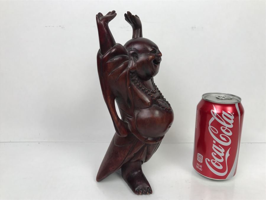 Signed Carved Wooden Laughing Buddha Sculpture [Photo 7]