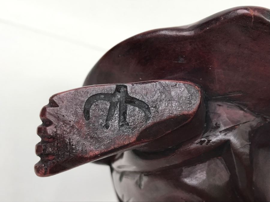 Signed Carved Wooden Laughing Buddha Sculpture [Photo 10]