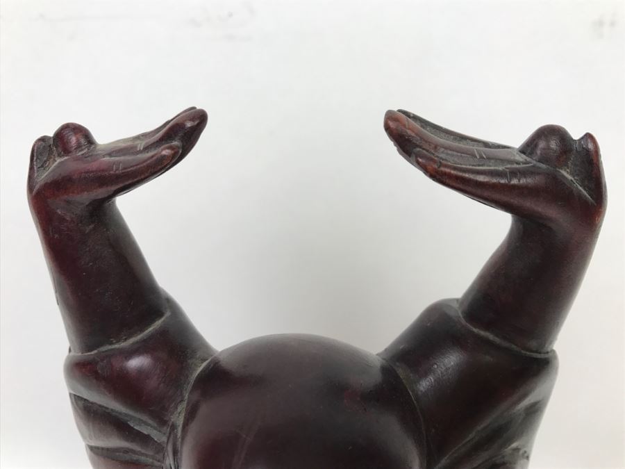 Signed Carved Wooden Laughing Buddha Sculpture [Photo 3]