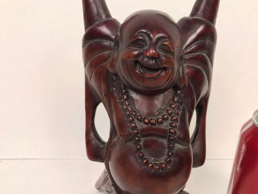 Signed Carved Wooden Laughing Buddha Sculpture [Photo 5]