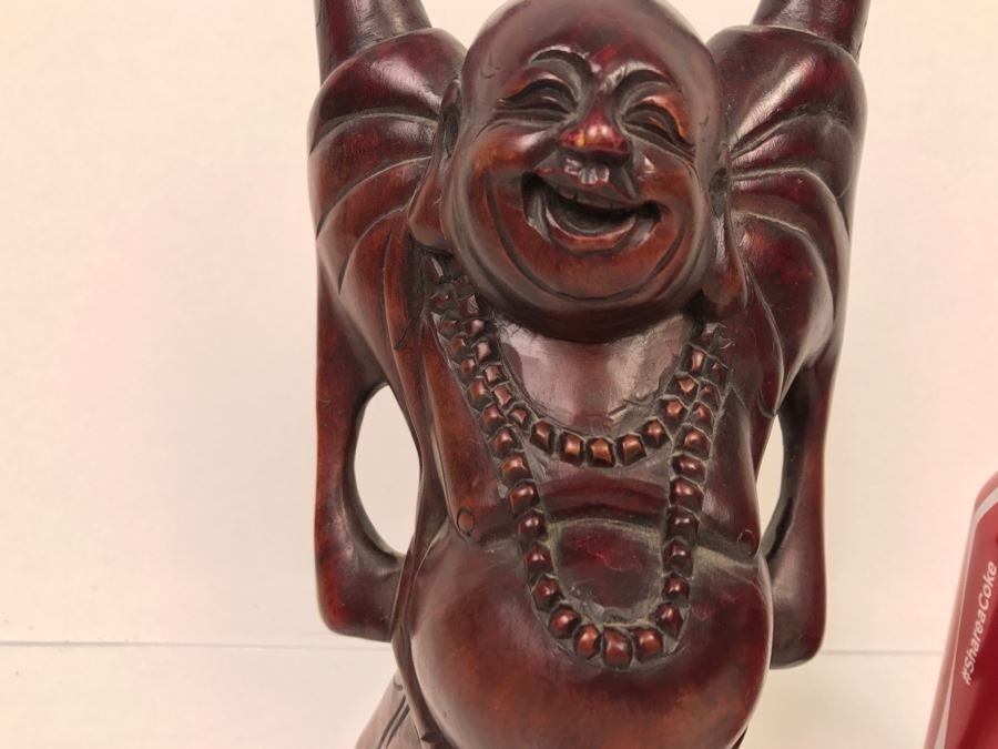 Signed Carved Wooden Laughing Buddha Sculpture [Photo 4]