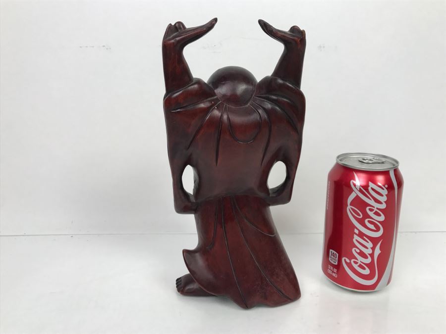 Signed Carved Wooden Laughing Buddha Sculpture [Photo 8]