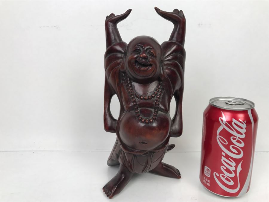 Signed Carved Wooden Laughing Buddha Sculpture