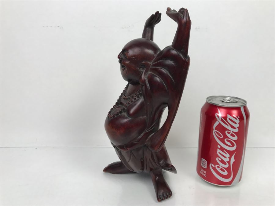 Signed Carved Wooden Laughing Buddha Sculpture [Photo 9]