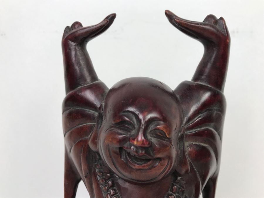 Signed Carved Wooden Laughing Buddha Sculpture [Photo 2]
