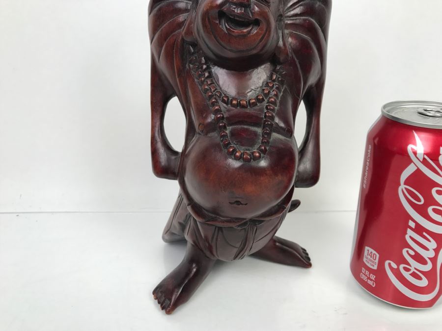 Signed Carved Wooden Laughing Buddha Sculpture [Photo 6]