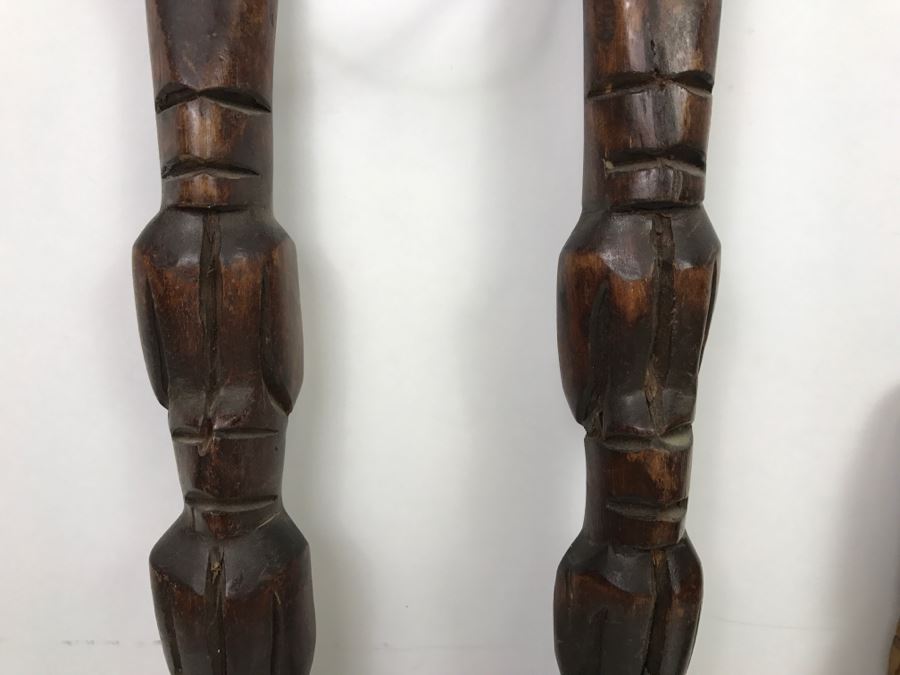 Pair Of Large Decorative Carved Wooden Spoon And Fork Sets