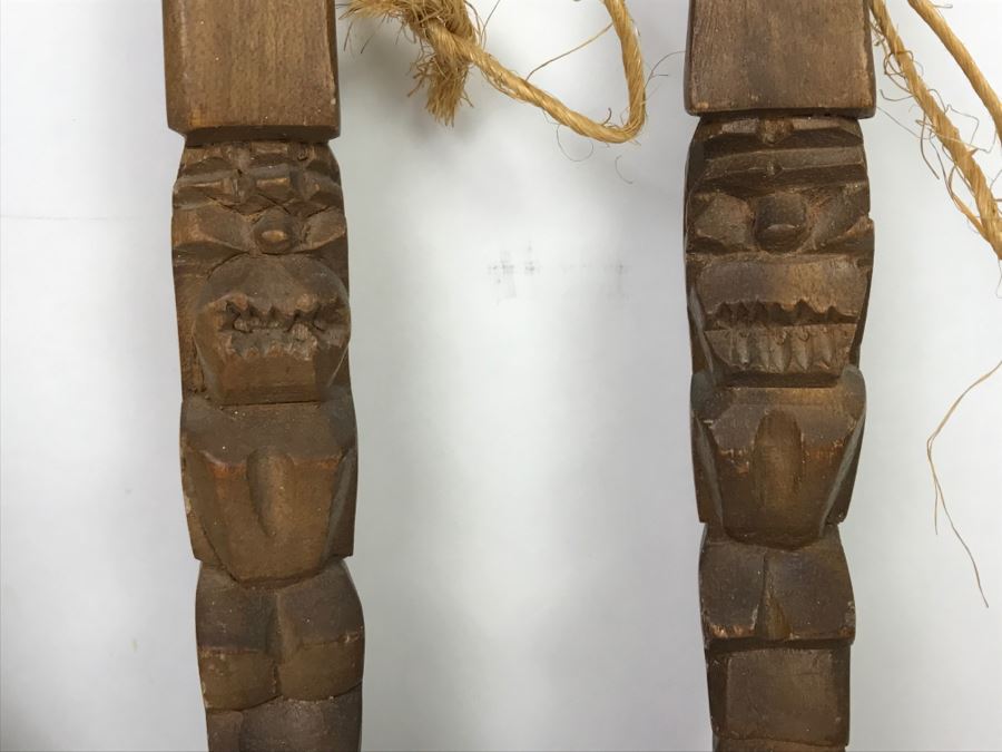 Pair Of Large Decorative Carved Wooden Spoon And Fork Sets