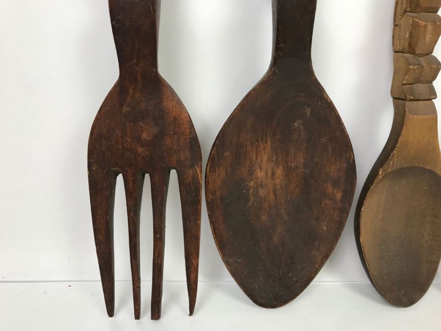 Pair Of Large Decorative Carved Wooden Spoon And Fork Sets [Photo 5]