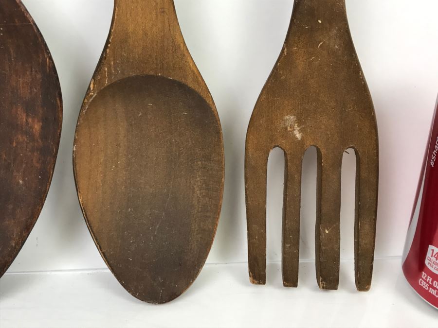 Pair Of Large Decorative Carved Wooden Spoon And Fork Sets [Photo 8]