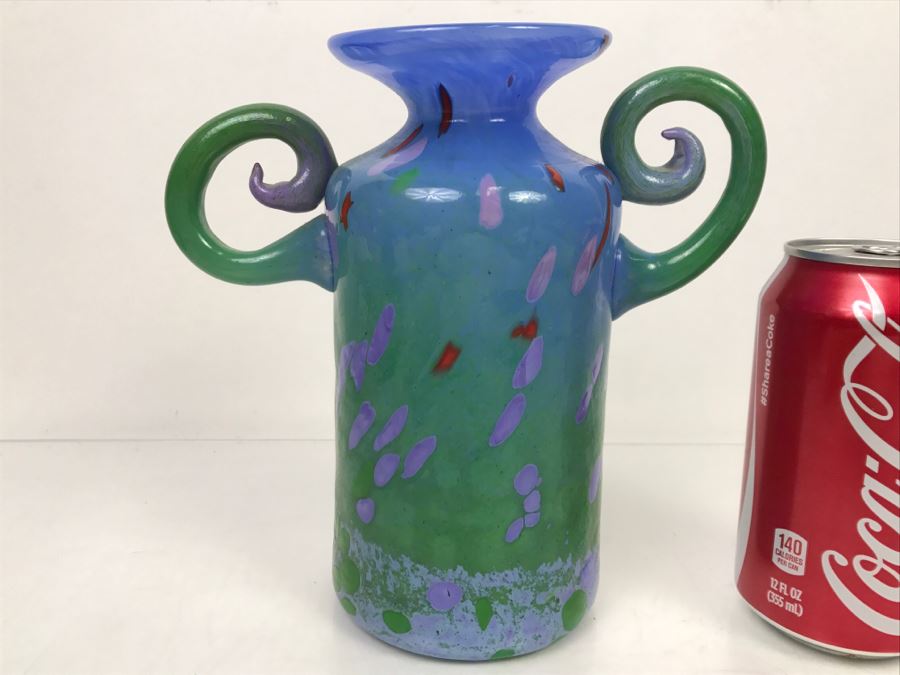 Signed MAD Art Studios Art Glass Handled Vase 1999
