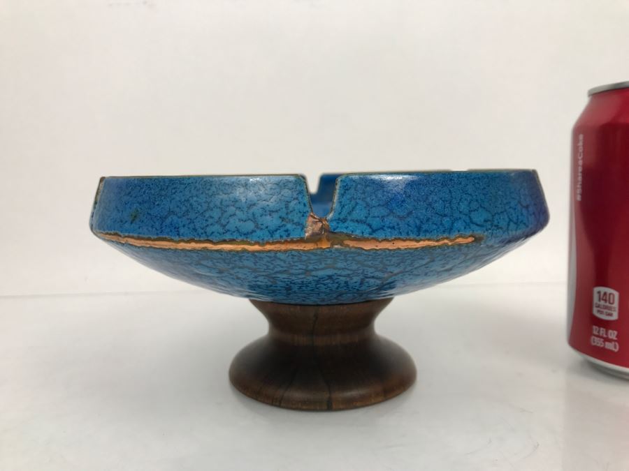 Large Mid-Century Footed Blue Enamel Over Copper Ashtray With Wooden Foot (Note Wear On Enamel Shown In Photos) [Photo 3]