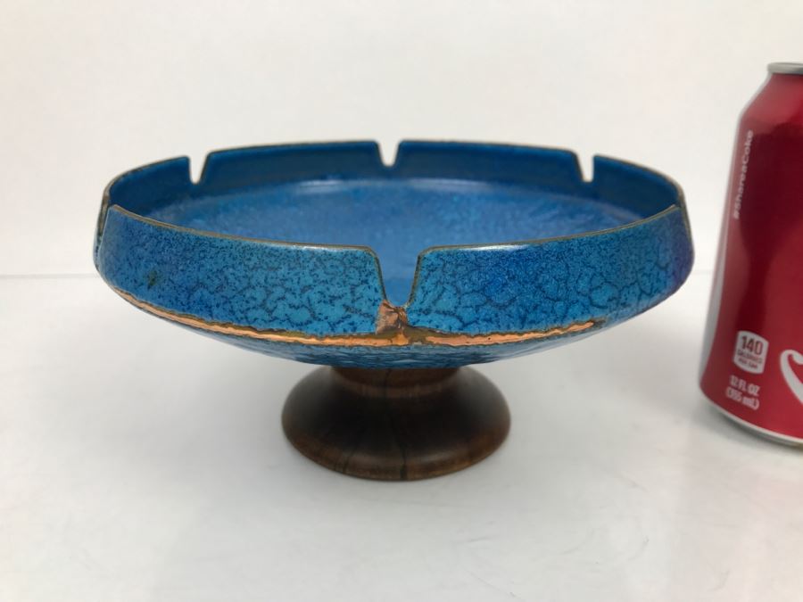 Large Mid-Century Footed Blue Enamel Over Copper Ashtray With Wooden Foot (Note Wear On Enamel Shown In Photos) [Photo 1]