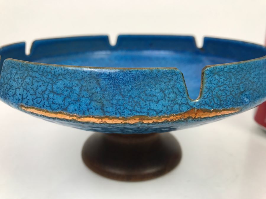 Large Mid-Century Footed Blue Enamel Over Copper Ashtray With Wooden Foot (Note Wear On Enamel Shown In Photos) [Photo 9]