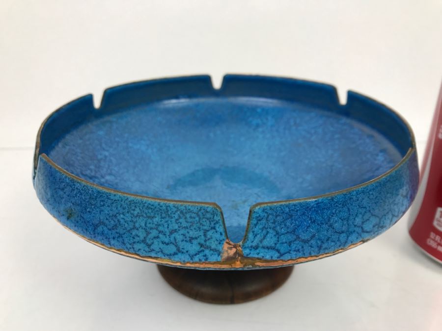 Large Mid-Century Footed Blue Enamel Over Copper Ashtray With Wooden Foot (Note Wear On Enamel Shown In Photos) [Photo 2]