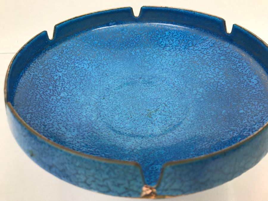 Large Mid-Century Footed Blue Enamel Over Copper Ashtray With Wooden Foot (Note Wear On Enamel Shown In Photos) [Photo 5]