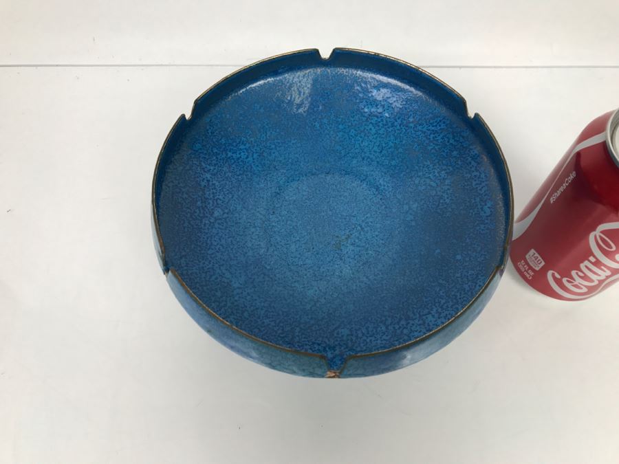 Large Mid-Century Footed Blue Enamel Over Copper Ashtray With Wooden Foot (Note Wear On Enamel Shown In Photos) [Photo 4]