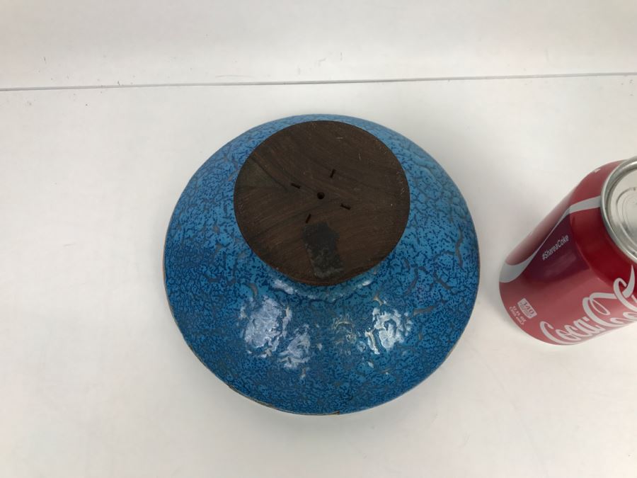 Large Mid-Century Footed Blue Enamel Over Copper Ashtray With Wooden Foot (Note Wear On Enamel Shown In Photos) [Photo 8]