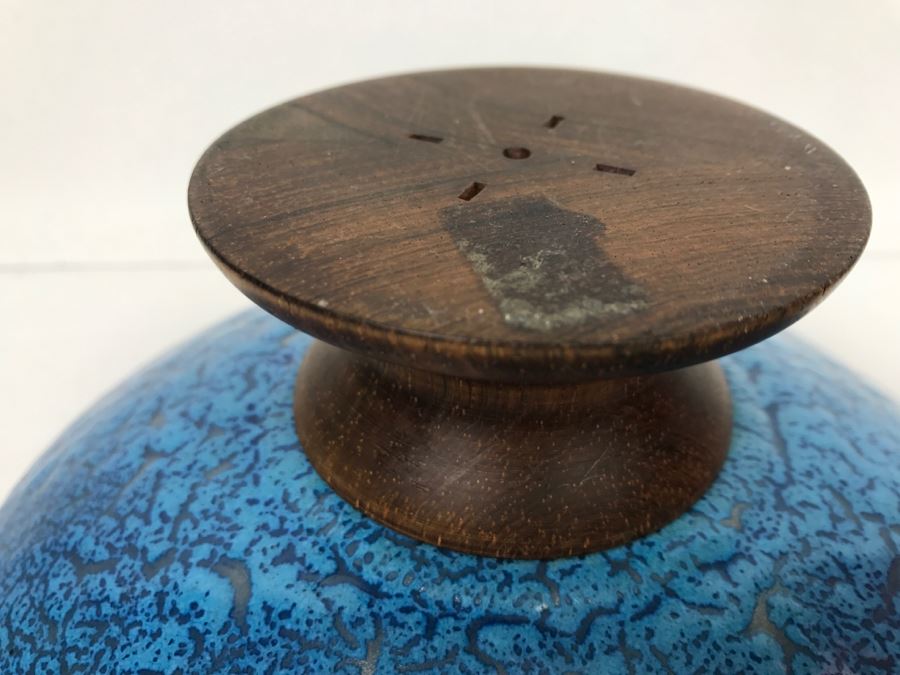 Large Mid-Century Footed Blue Enamel Over Copper Ashtray With Wooden Foot (Note Wear On Enamel Shown In Photos) [Photo 7]