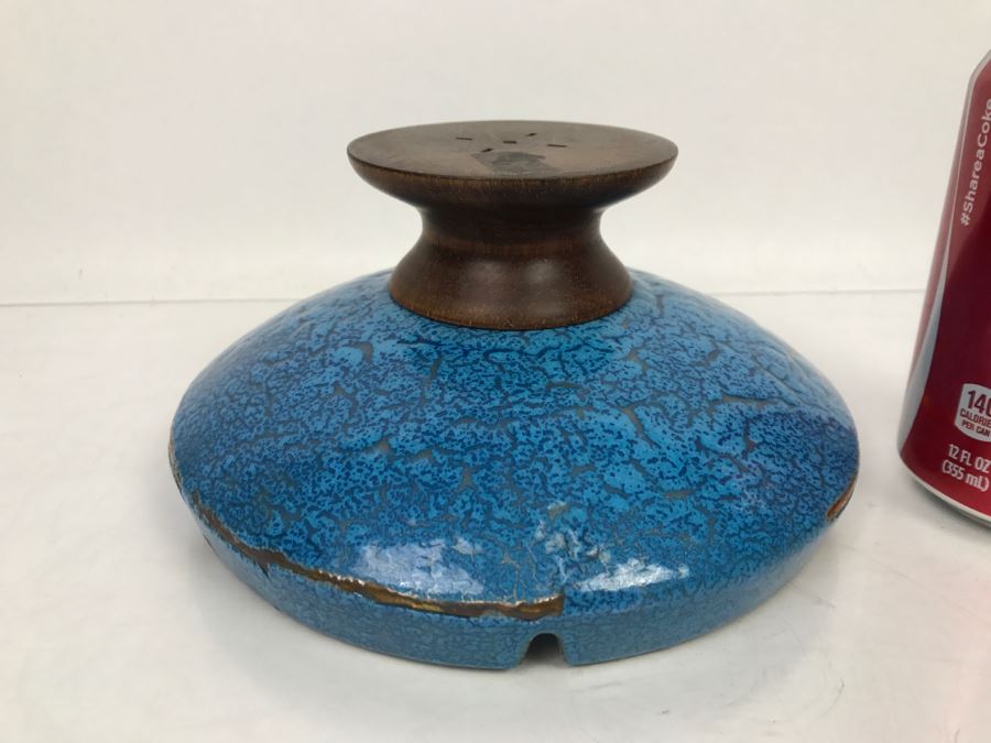 Large Mid-Century Footed Blue Enamel Over Copper Ashtray With Wooden Foot (Note Wear On Enamel Shown In Photos) [Photo 6]