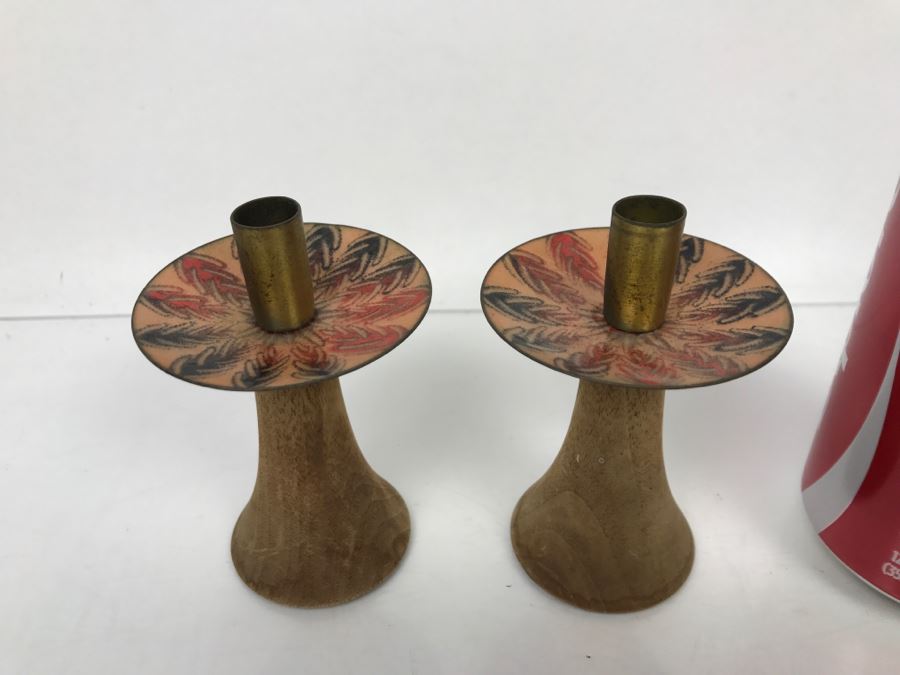 Pair Of Mid-Century Wooden And Enamel Candle Holders [Photo 1]