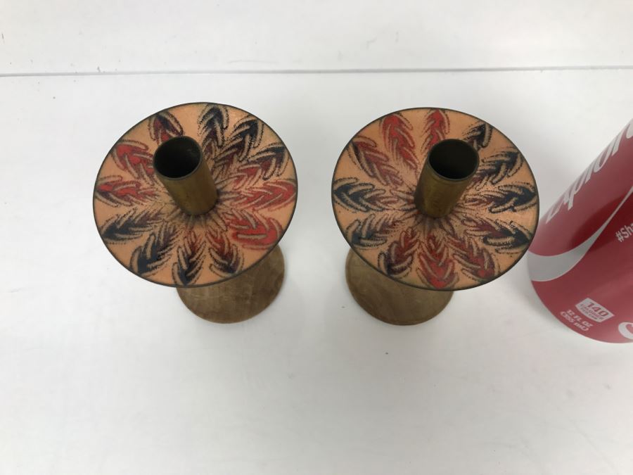 Pair Of Mid-Century Wooden And Enamel Candle Holders [Photo 2]
