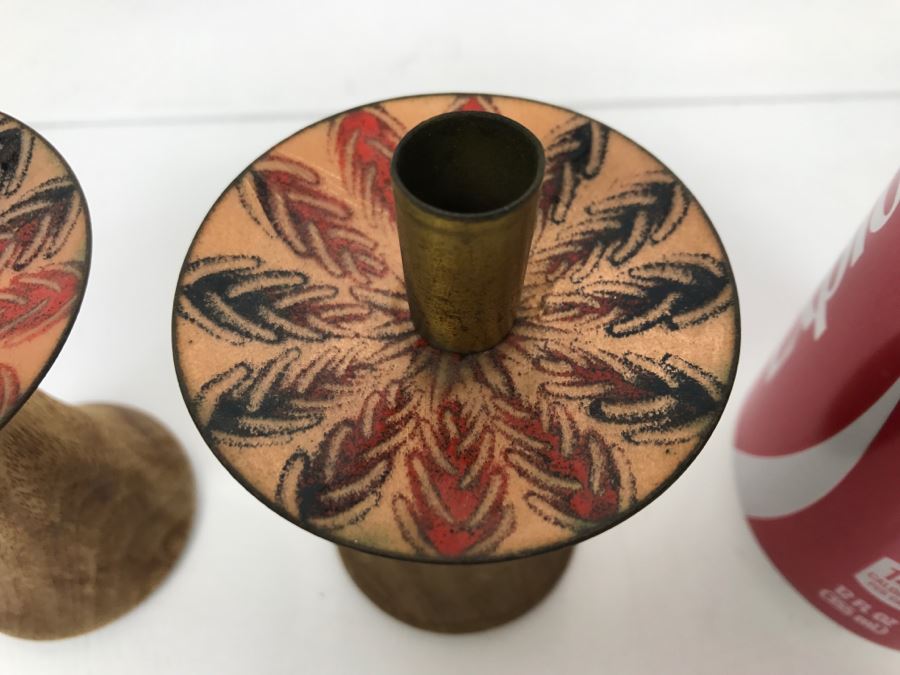 Pair Of Mid-Century Wooden And Enamel Candle Holders [Photo 3]
