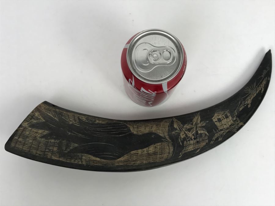 Vintage Scrimshaw Black Horn Carving Depicting Bird And Village [Photo 14]