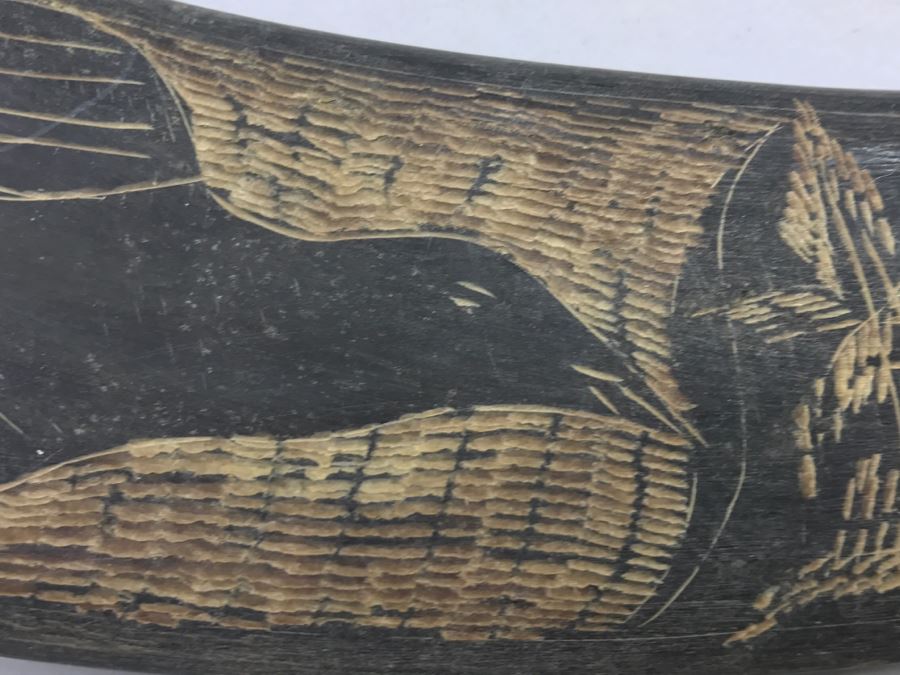 Vintage Scrimshaw Black Horn Carving Depicting Bird And Village [Photo 6]