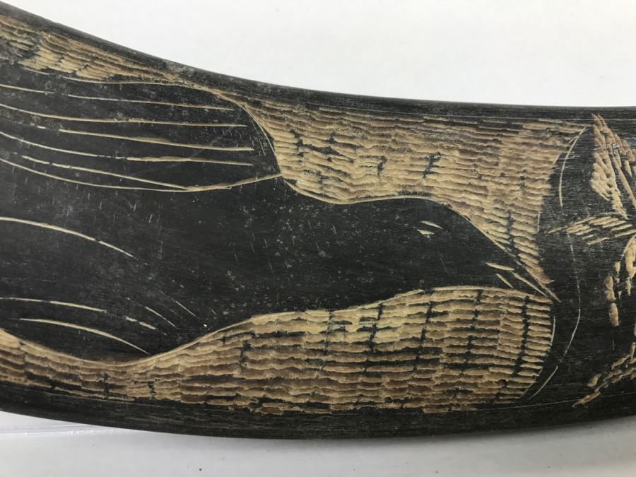 Vintage Scrimshaw Black Horn Carving Depicting Bird And Village [Photo 3]