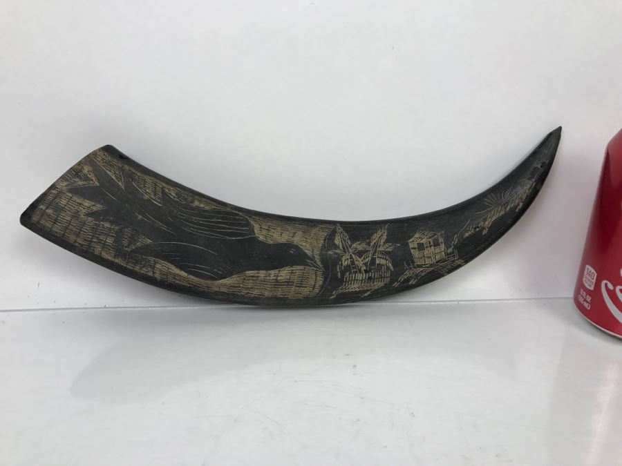 Vintage Scrimshaw Black Horn Carving Depicting Bird And Village [Photo 1]