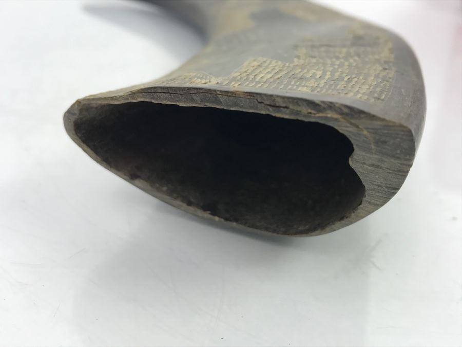 Vintage Scrimshaw Black Horn Carving Depicting Bird And Village [Photo 10]