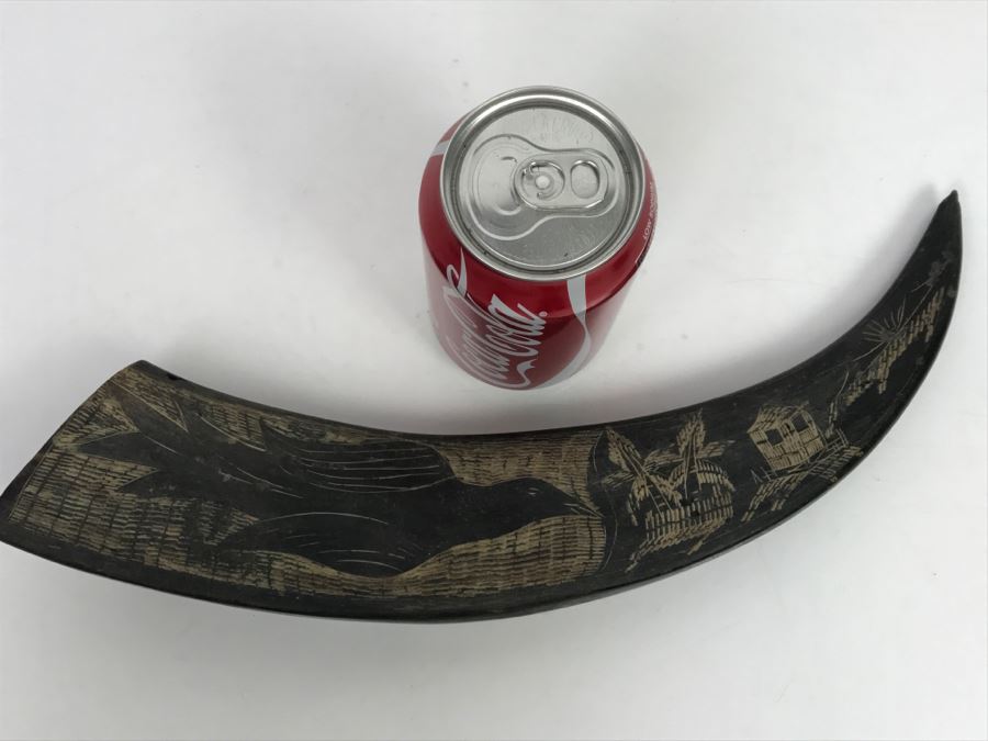 Vintage Scrimshaw Black Horn Carving Depicting Bird And Village [Photo 13]