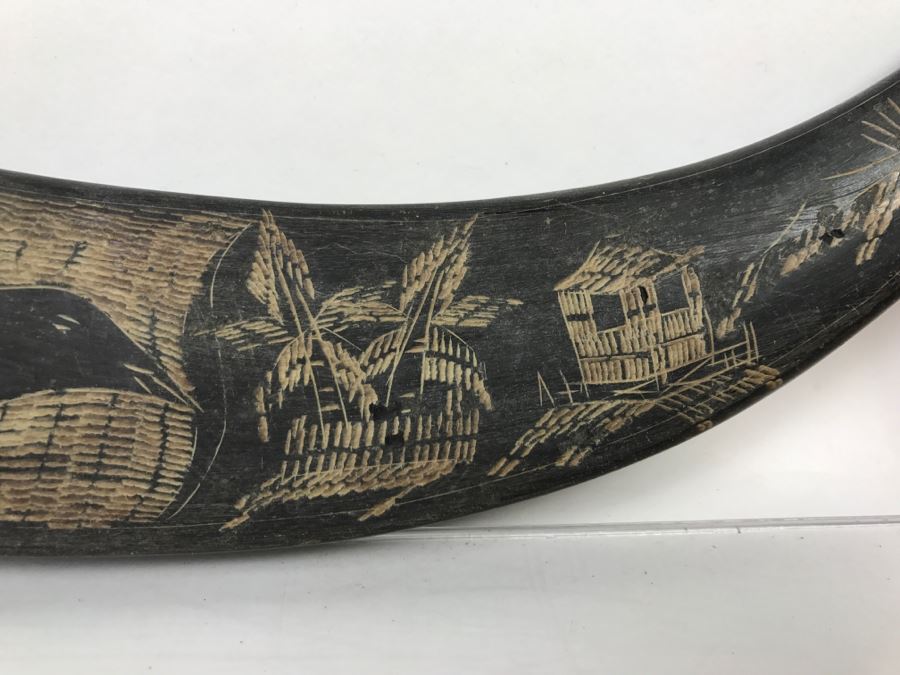 Vintage Scrimshaw Black Horn Carving Depicting Bird And Village [Photo 4]