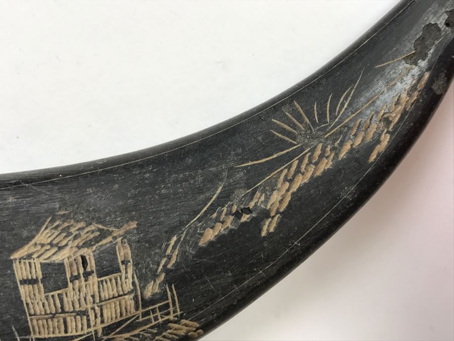 Vintage Scrimshaw Black Horn Carving Depicting Bird And Village [Photo 8]
