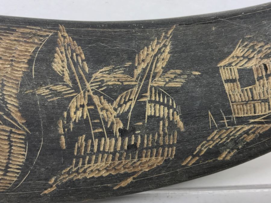 Vintage Scrimshaw Black Horn Carving Depicting Bird And Village [Photo 7]