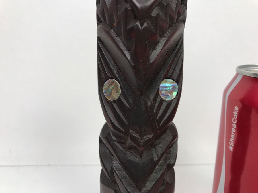 Vintage Signed Teko Hand Carved Statue Kauri New Zealand Signed Hami Mother Of Pearl Eyes [Photo 2]