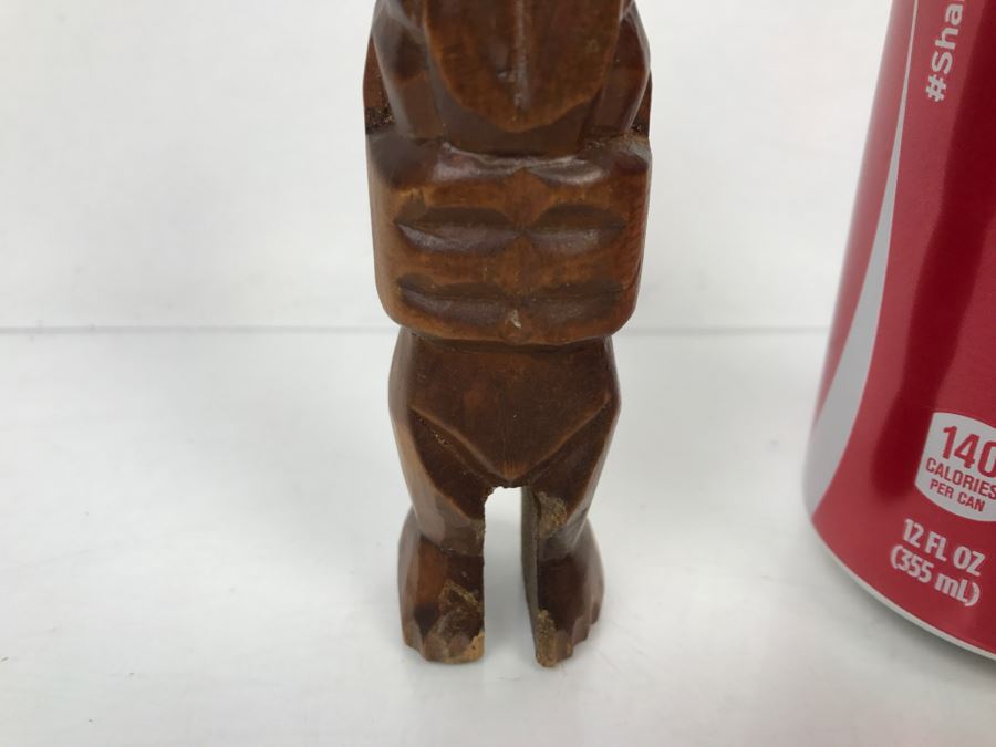 Vintage Small Wood Carving Statue Mother Of Pearl Eyes [Photo 4]